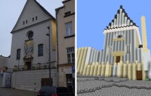 Olomouc ve hře Minecraft. Za stavbou města stojí student univerzity