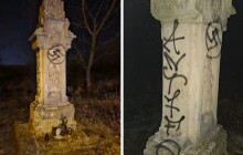 Sprejer řádil v Neředíně. Na kamenný kříž namaloval hákový kříž