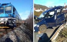 Sražka vlaku a auta na přejezdu v Hlubočkách, auto skončilo na svodidlech