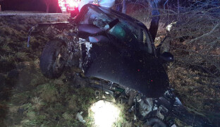 Smyk na mokré silnici poslal auto do stromu. Dva mladíci skončili v nemocnici