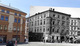 Olomouc v čase: Historické budovy jsou obklopené auty, některé stojí ve stínu stromů
