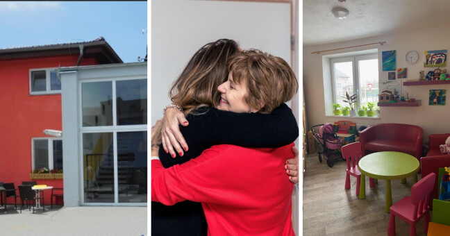 Zleva budova Klokánku, paní ředitelka Šárka Kupčáková, návštěvní místnost, Zdroj: Facebook Klokánek Olomouc a Kateřina Bláhová