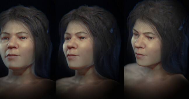 Barevná, složená a subjektivní forenzní aproximace obličeje kromaňonské dívky z Mladče. Zdroj: Cicero Moraes