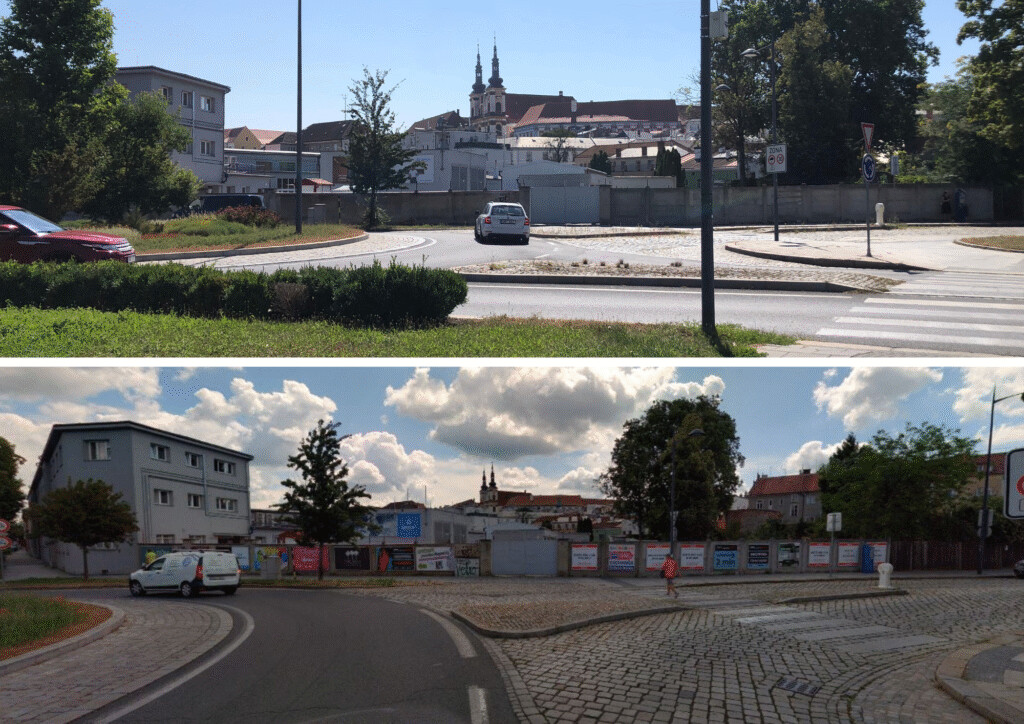 Reklamní panely na zdi DPMO do ulice Dobrovského a Zámečnická