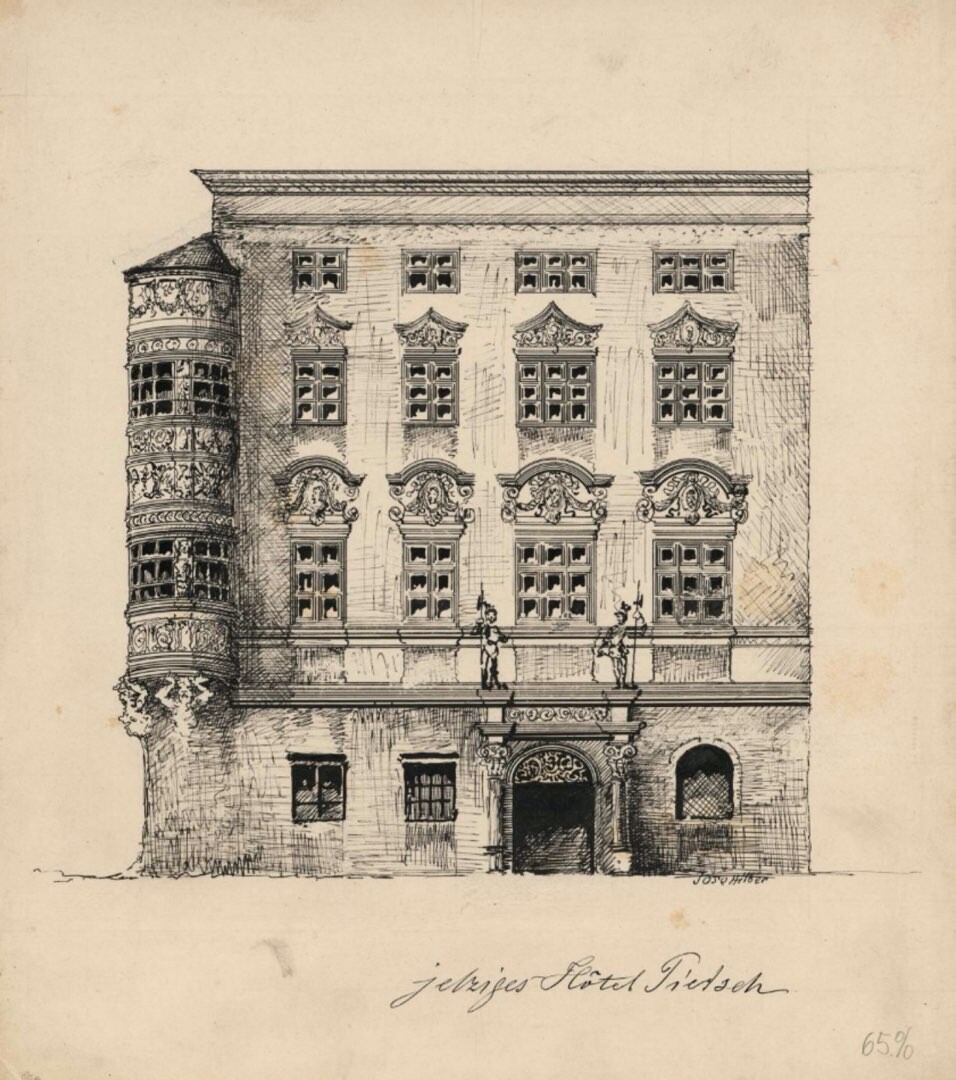 Hauenschildův palác na kresbě z 19. století, Státní okresní archiv Olomouc