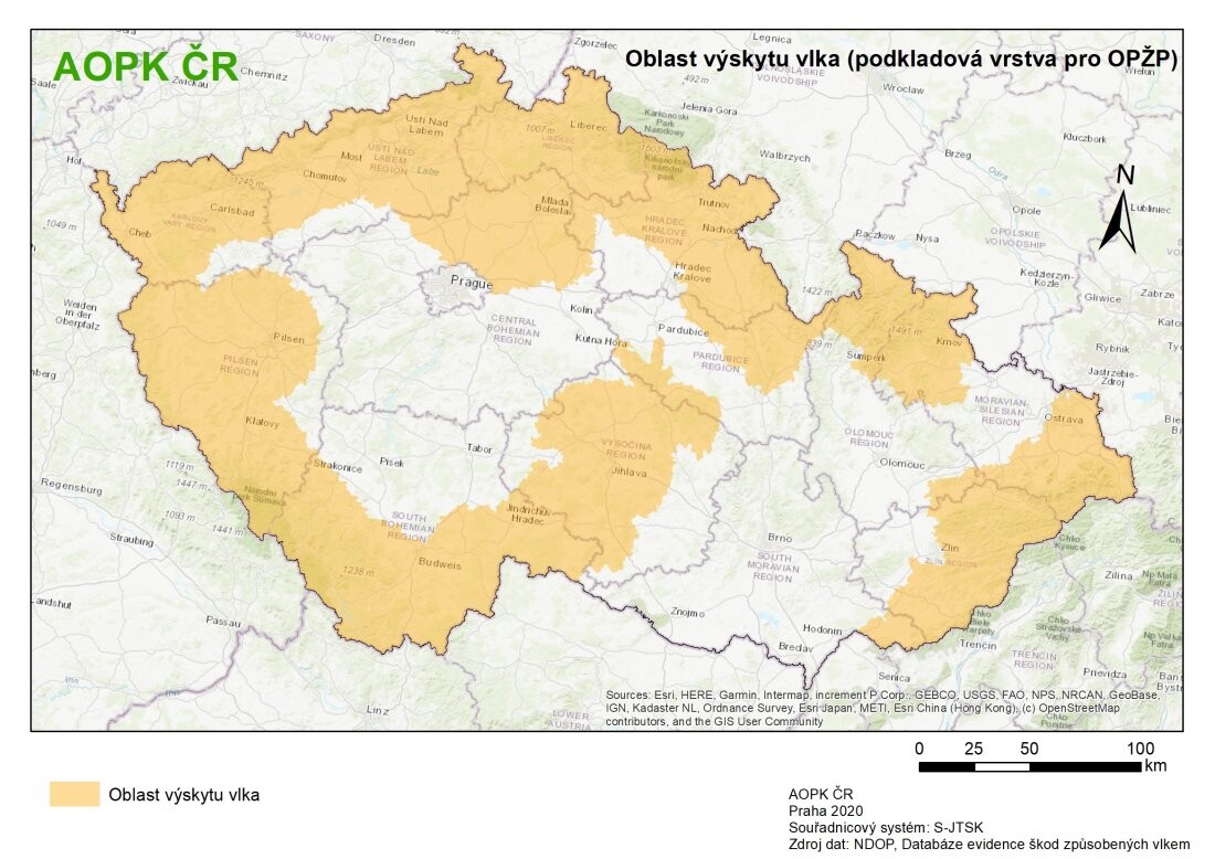 Oblast výskytu vlka k prosinci 2020, zdroj: Navratvlku.cz