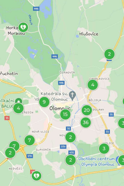 Počet defibrilátorů v Olomouckém kraji, zdroj: Aplikace Záchranka