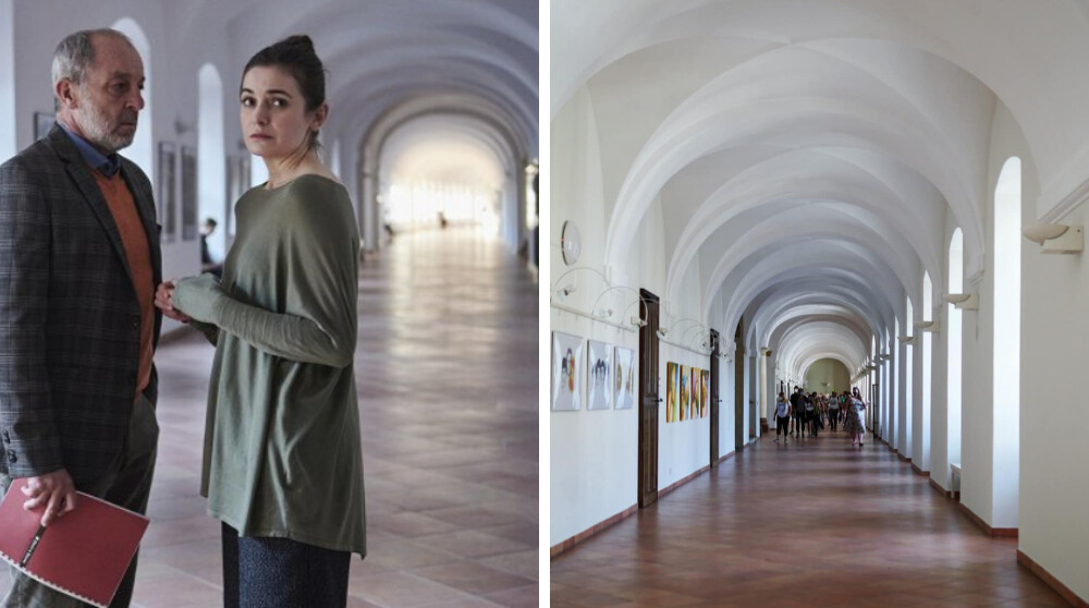 Seriál Pozadí událostí, scéna na chodbě Uměleckého centra UP; zdroj: ČT / Den architektury