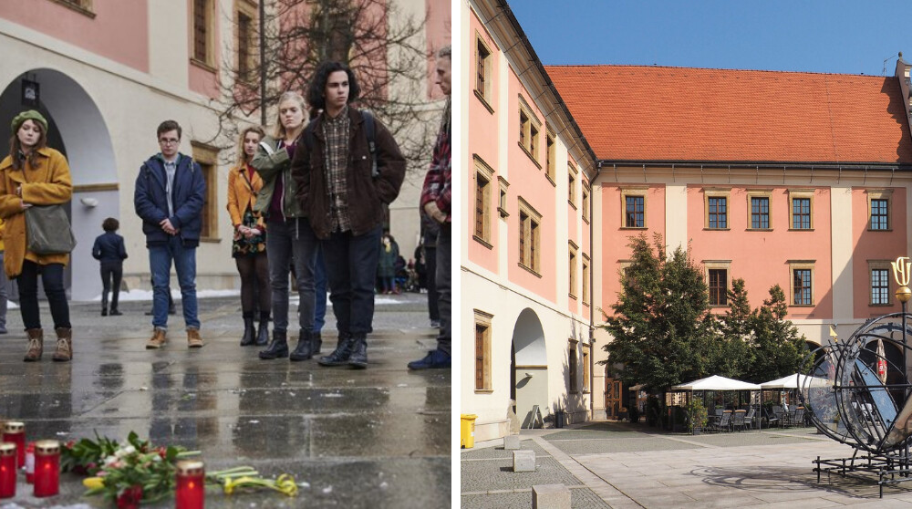 Seriál Pozadí událostí, scéna na dvoře Uměleckého centra UP; zdroj: ČT / Mapy.cz