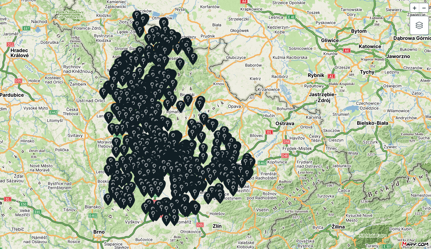 Mapa bodů, odkud došlo k tísňovému volání skrze aplikaci Záchranka