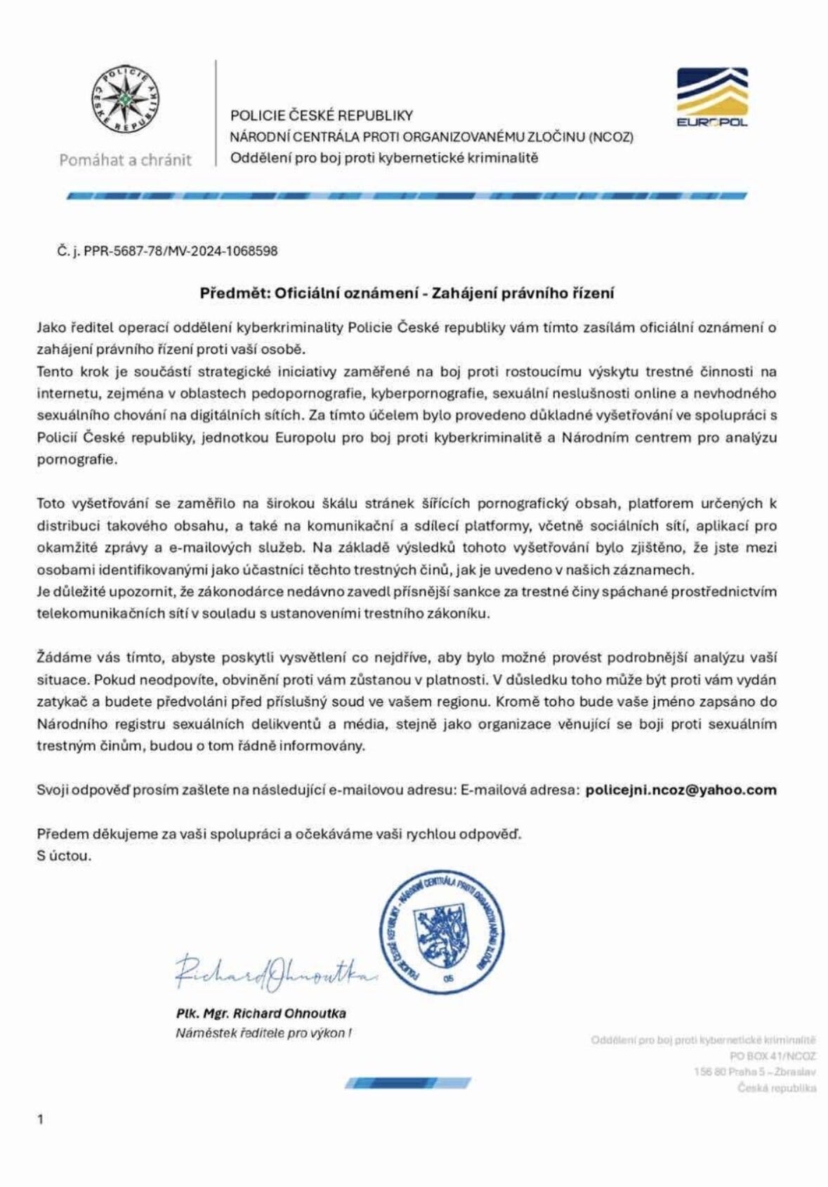 Podvodníci rozesílají e-mail, ve kterém se podepisují jako opravdoví policisté.