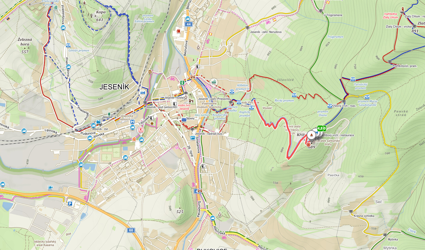 Mapa trasy z Jeseníku na Křížový vrch, kterou lemují kříže manželů Planých, zdroj: Mapy.cz