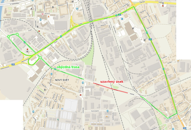 Mapa uzavírky a objízdné trasy; zdroj: Město Olomouc
