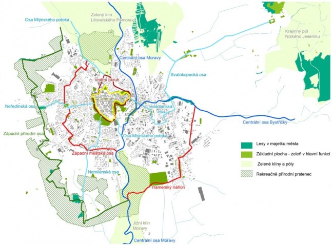 Mapa zeleně a lesů v Olomouci. Zdroj: olomouc.eu