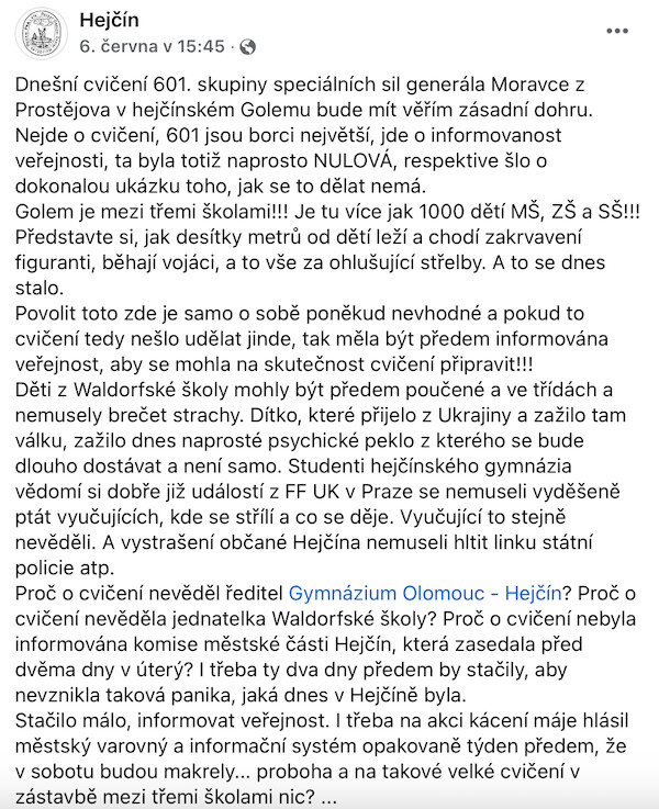 Facebookový příspěvek městské části Hejčín, zdroj: Olomoucký Report