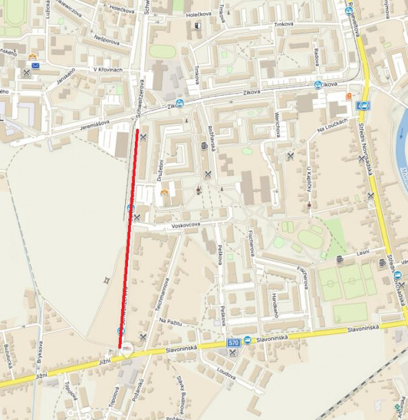Mapa uzavírky na Schweitzerově