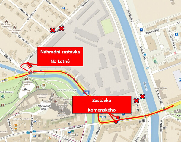 Náhradní zastávky v ulici Na Letné