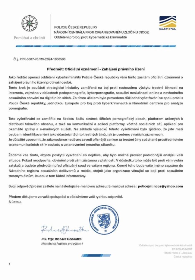 Podvodníci rozesílají e-mail, ve kterém se podepisují jako opravdoví policisté.