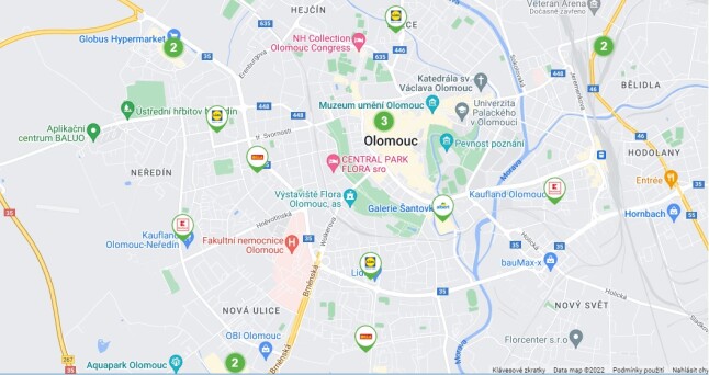 Mapa centra Olomouce s obchody, ve kterých lze přispět. Zdroj: sbirkapotravin.cz