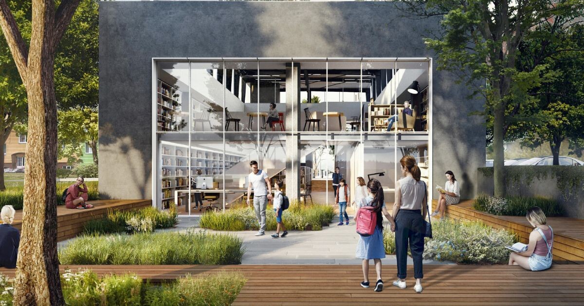 Vizualizace nové pobočky městské knihovny na Trnkově ulici, jejíž projektová příprava je součástí Akčního plánu. 